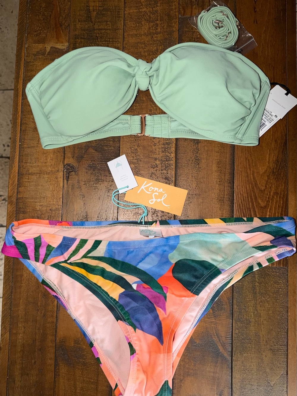 Kona Sol Mint Bandeau Top with Tropical Multicolor Bikini Bottoms